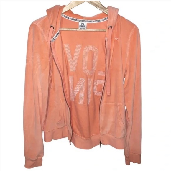 Love Pink Gold Sequin Text Back Victoria’s Secret Orange Velour Hoodie Size L - Picture 2 of 6